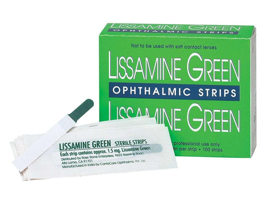 Green Glo - Lissamine Green Ophthalmic Strips 100/Box MANUF. DELAYED at Stag Medical - Eye Care, Ophthalmology and Optometric Products. Shop and save on Proparacaine, Tropicamide and More at Stag Medical & Eye Care Supply