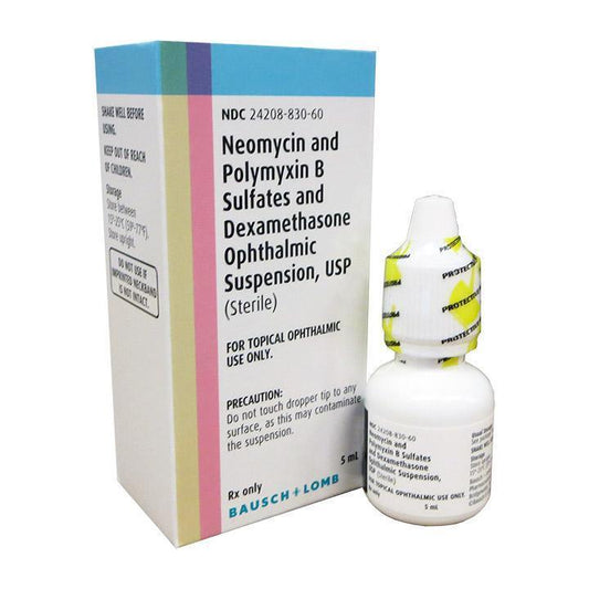 Neomycin Polymyxin B Sulfates Dexamethasone Ophthalmic Suspension 5mL - Bausch at Stag Medical - Eye Care, Ophthalmology and Optometric Products. Shop and save on Proparacaine, Tropicamide and More at Stag Medical & Eye Care Supply