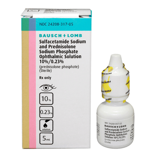 Sulfacetamide & Prednisolone Phosphate Ophthalmic Solution 10%/0.23% 5mL - Bausch & Lomb at Stag Medical - Eye Care, Ophthalmology and Optometric Products. Shop and save on Proparacaine, Tropicamide and More at Stag Medical & Eye Care Supply